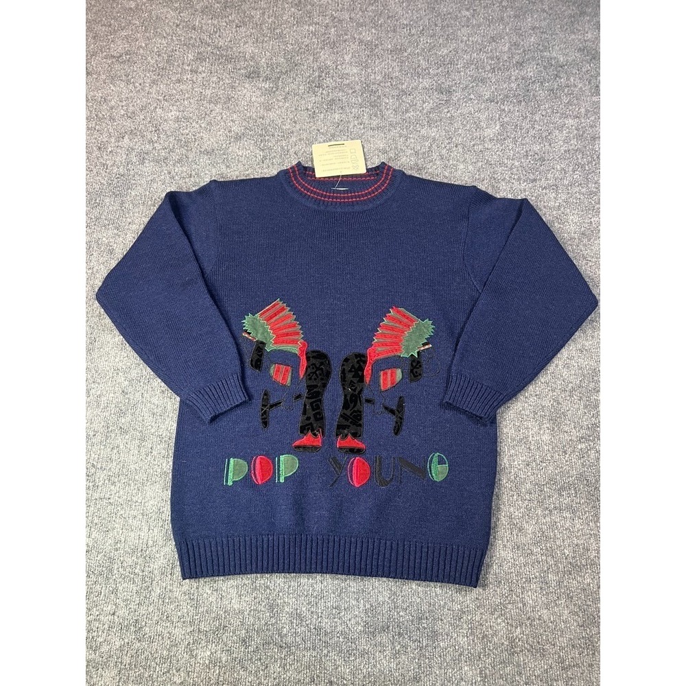 Pop Young Vintage Knit Sweater‎ Unisex Graphic Embroidered Pullover Navy Retro